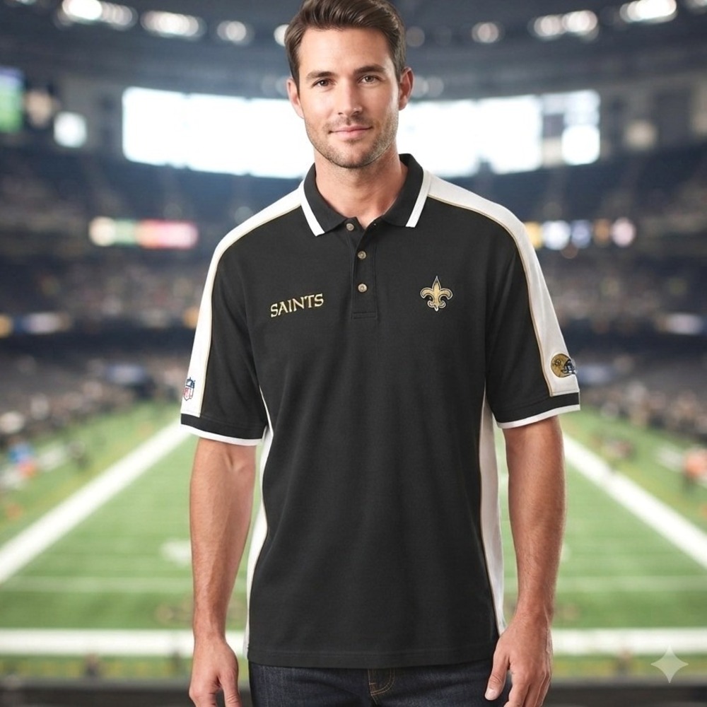 NFL New Orleans Saints XL Black White Striped Short Sleeve Polo Embroidered